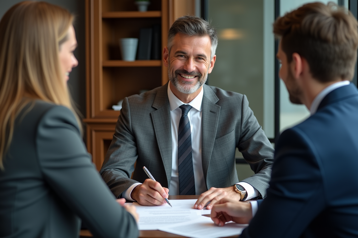 Notaire en discussion avec un couple dans un bureau professionnel