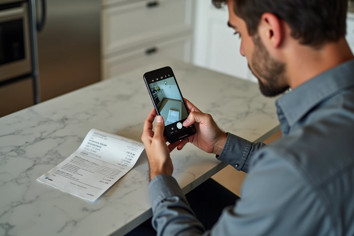 Homme photographiant un reçu de restaurant avec son smartphone pour un suivi de dépenses professionnel à domicile