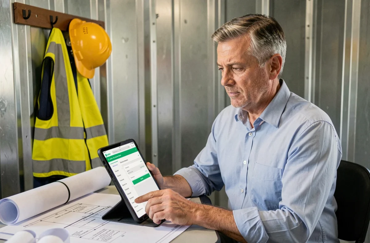 Ouvrier du bâtiment consultant son espace personnel retraite PRO BTP sur une tablette numérique dans un bureau de chantier