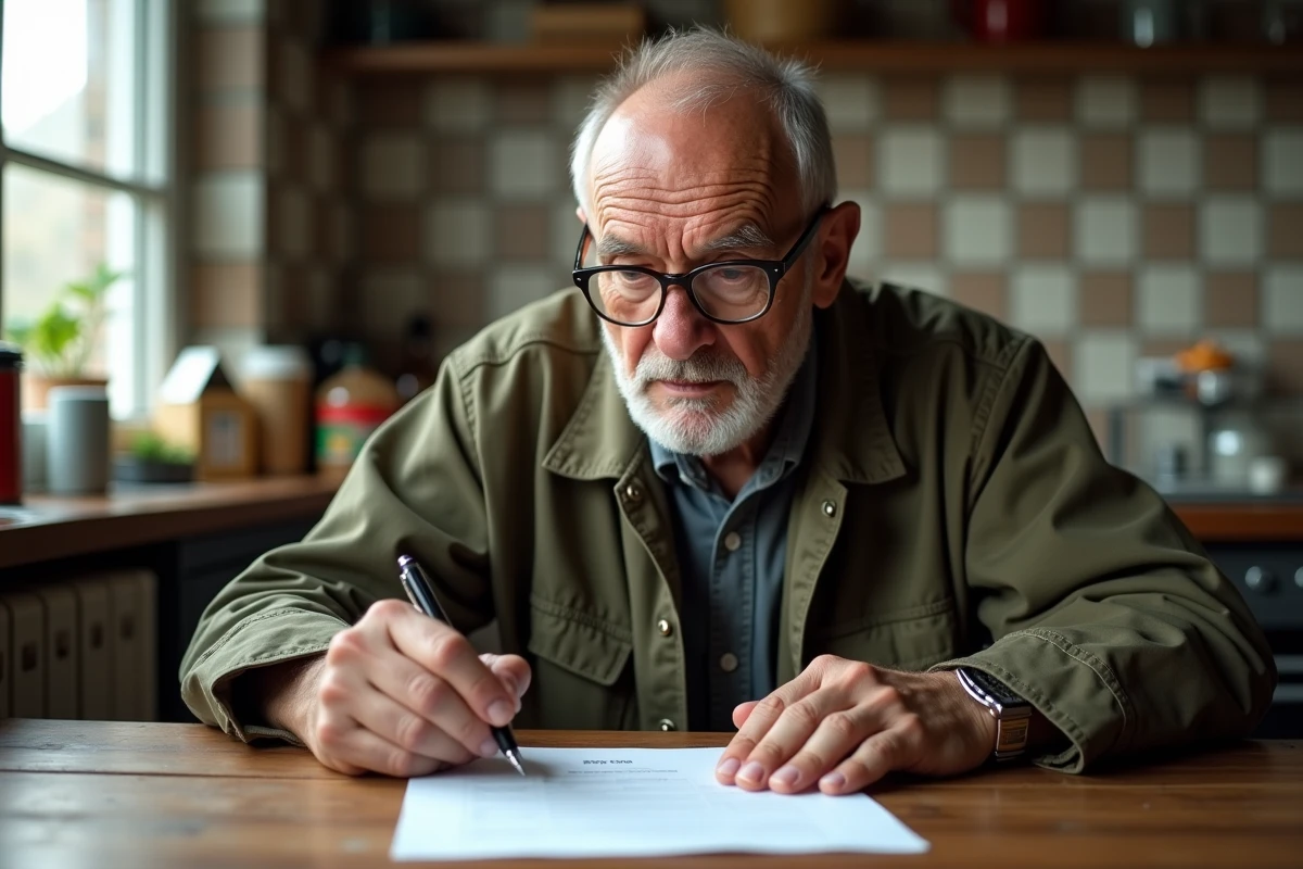 Ouvrier de 60 ans remplissant un formulaire de retraite pour carrière longue à son domicile