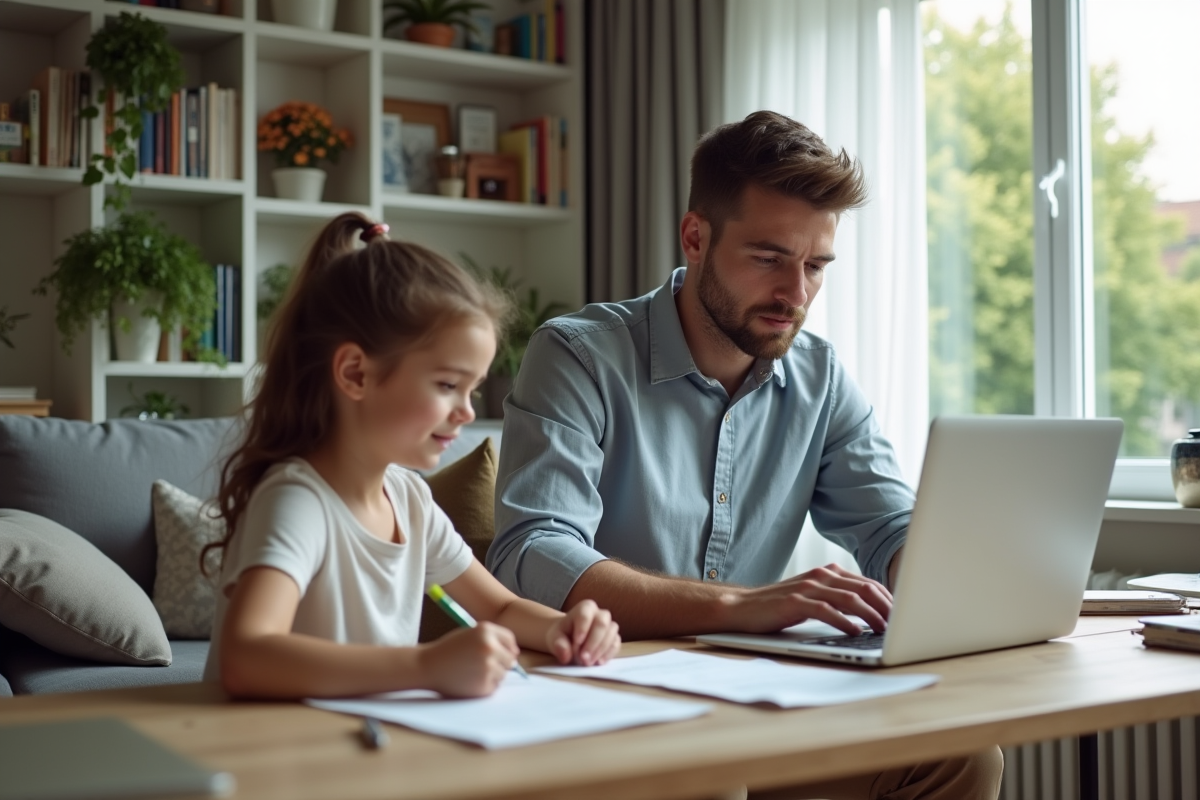 Père et fille travaillant ensemble à la maison