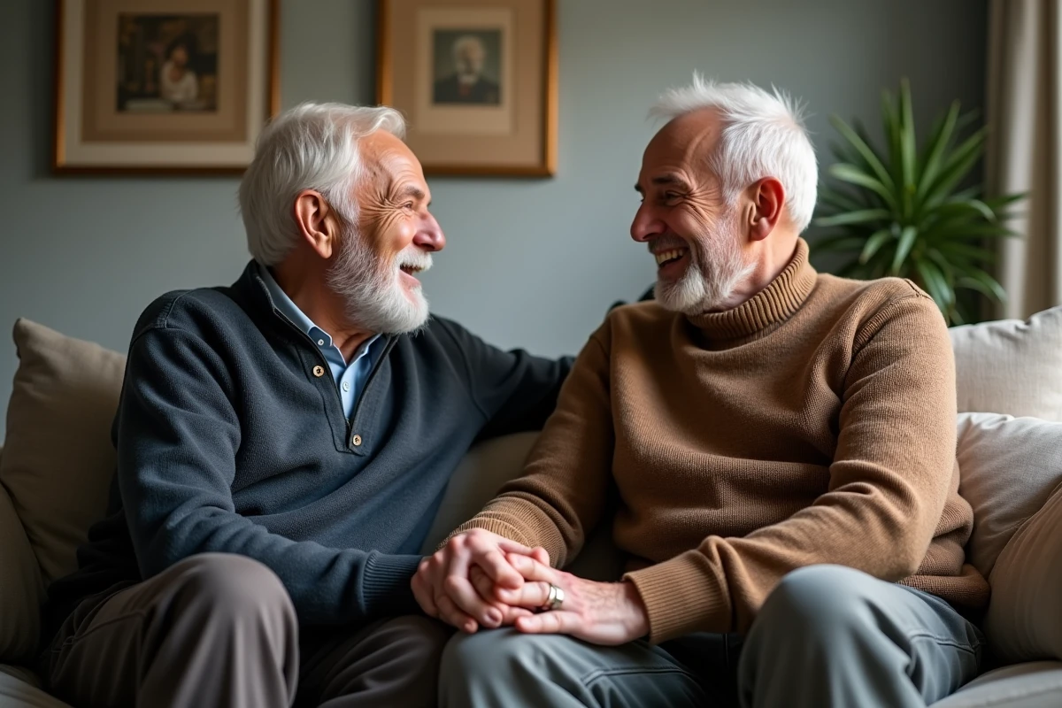 Fils et père discutent dans le salon confortable