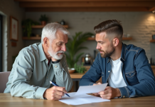 Pere et fils discutant d'un document à la maison