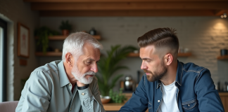 Pere et fils discutant d'un document à la maison