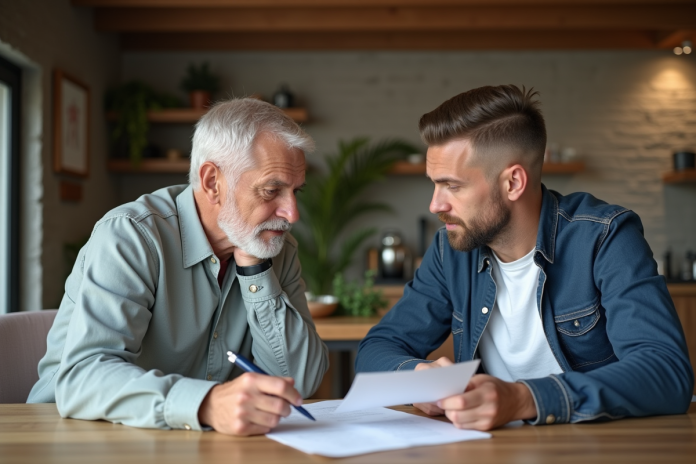 pere-fils-reunion-document Pere et fils discutant d'un document à la maison