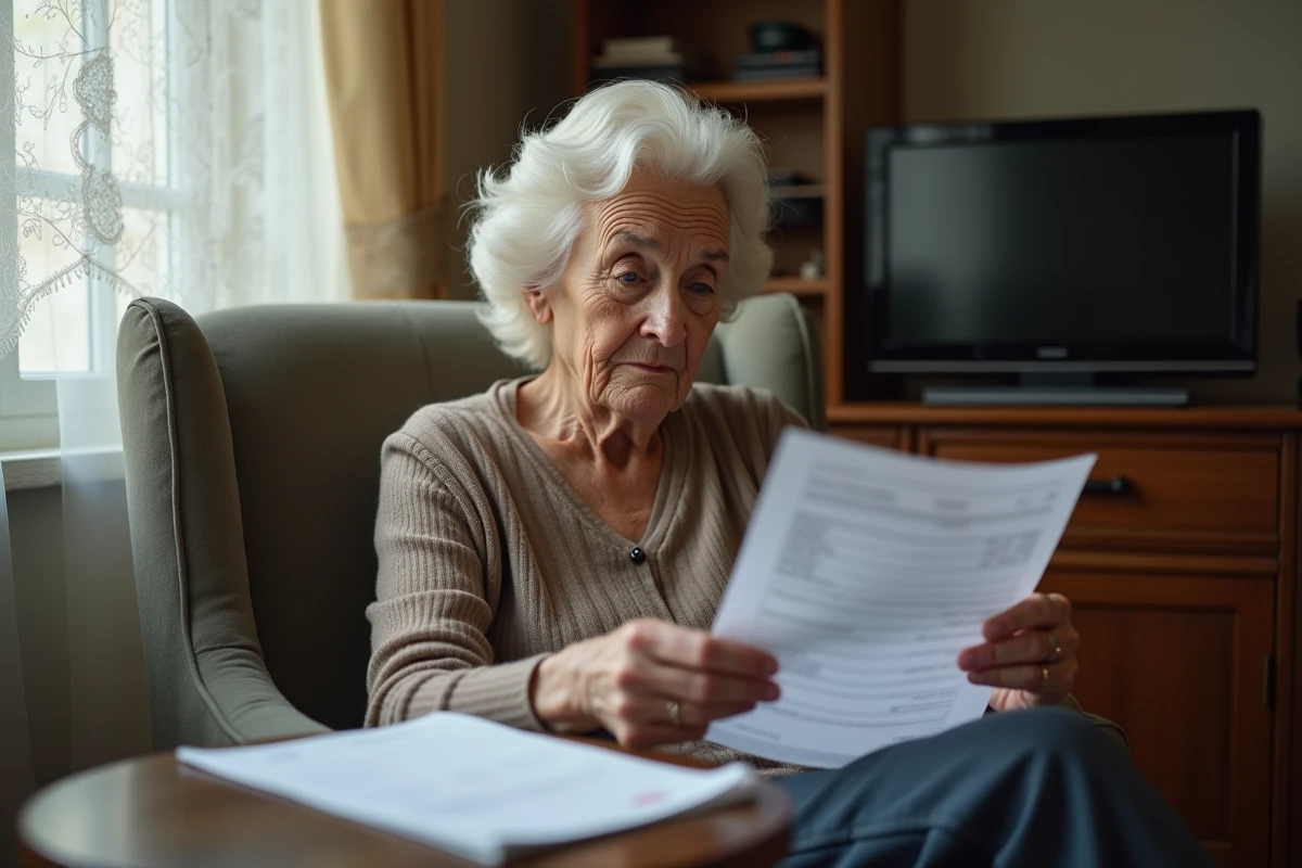 Personne âgée examinant une facture de services à domicile ADMR, questionnement sur le prix de l'heure des aides à domicile