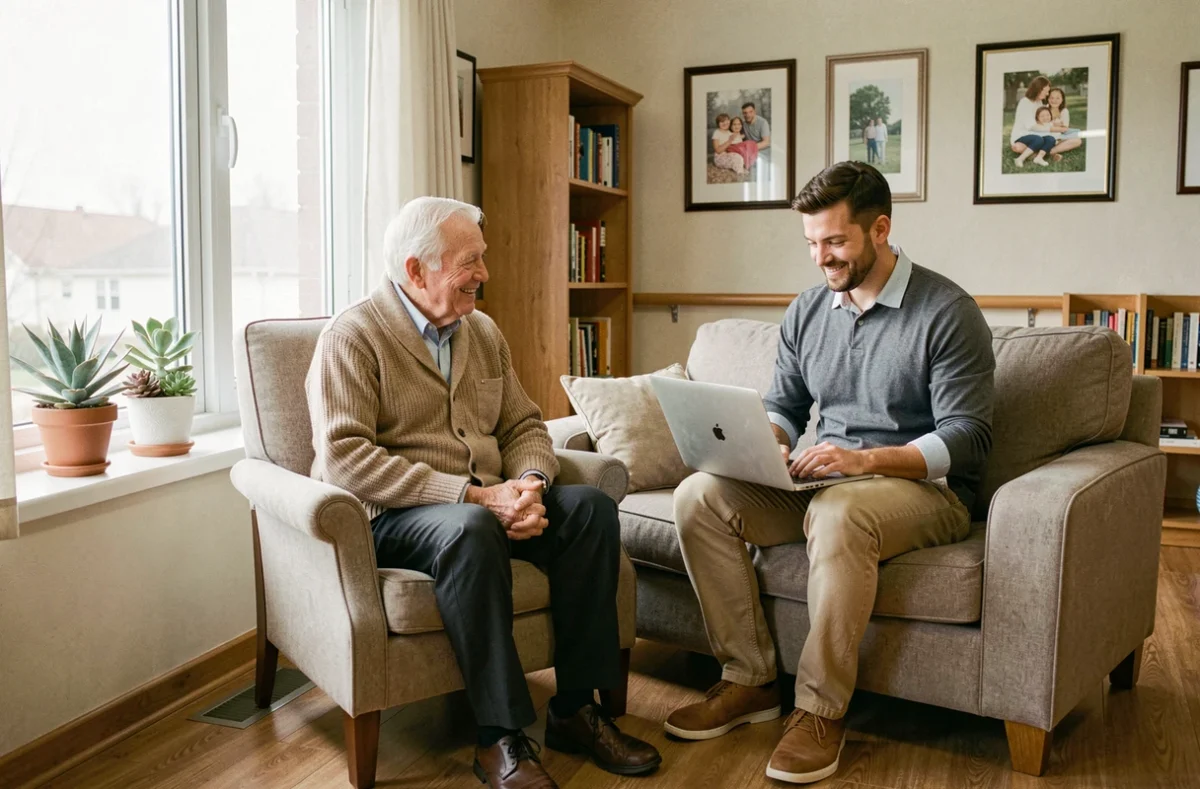 Personne âgée et membre de sa famille consultant une plateforme de choix de maison de retraite médicalisée dans un salon de résidence senior