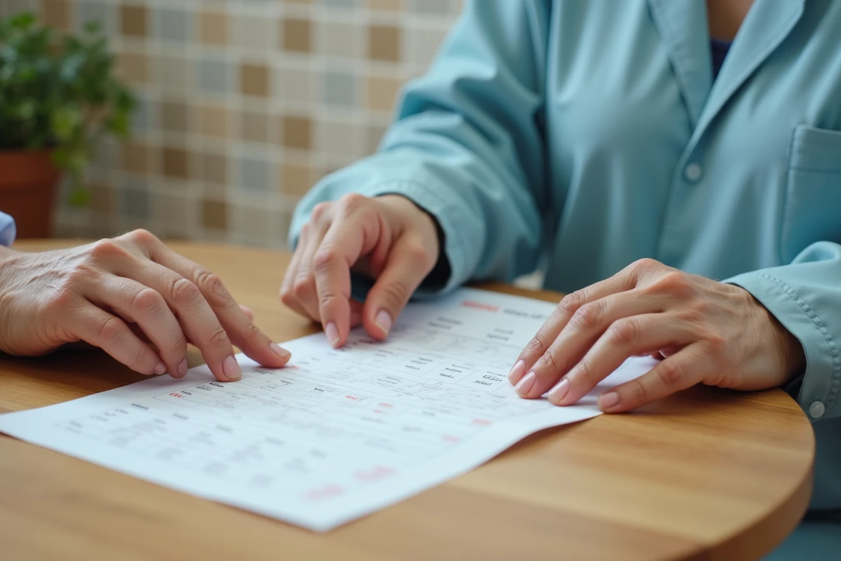 Mains d'une aide à domicile et d'une bénéficiaire âgée consultant ensemble un planning de soins hebdomadaire imprimé