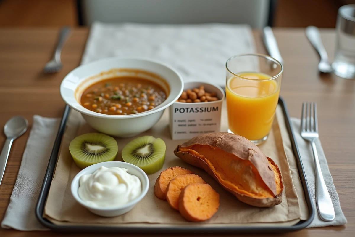 Plateau repas en maison de retraite adapté au manque de potassium avec lentilles, patate douce, kiwi et yaourt