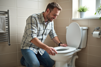 Homme d'âge moyen ajustant un siège sur WC moderne dans salle de bain