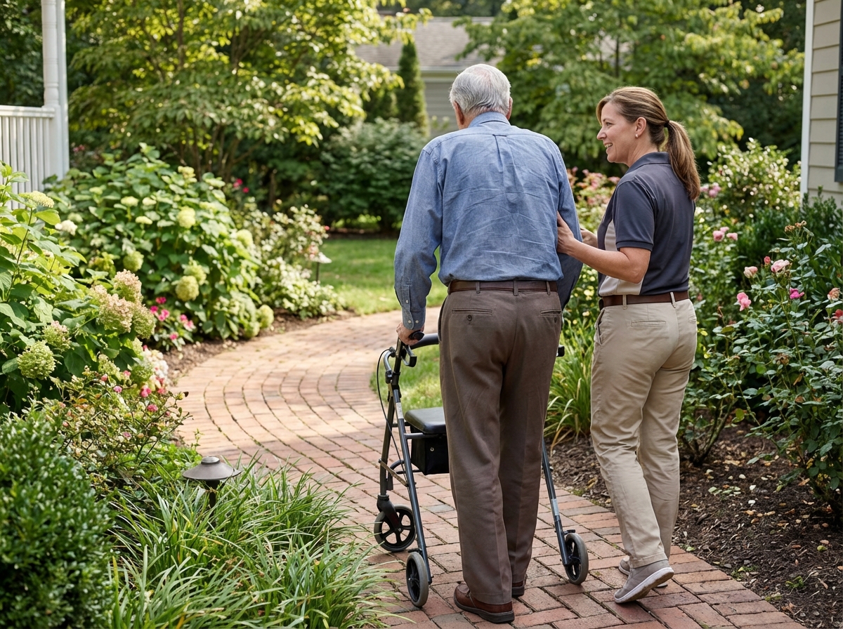 Homme âgé avec aide à marcher dans un jardin fleuri