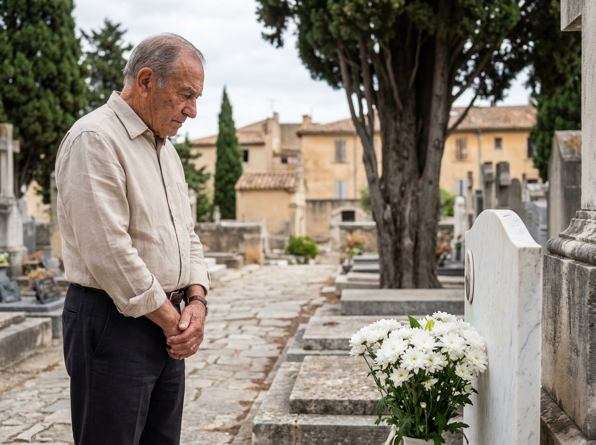 Homme âgé se recueillant devant une sépulture dans un cimetière de Marseille entouré de végétation méditerranéenne