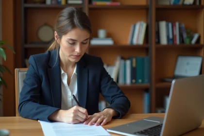 Femme rédigeant une lettre de motivation pour un poste en maison de retraite à son bureau à domicile