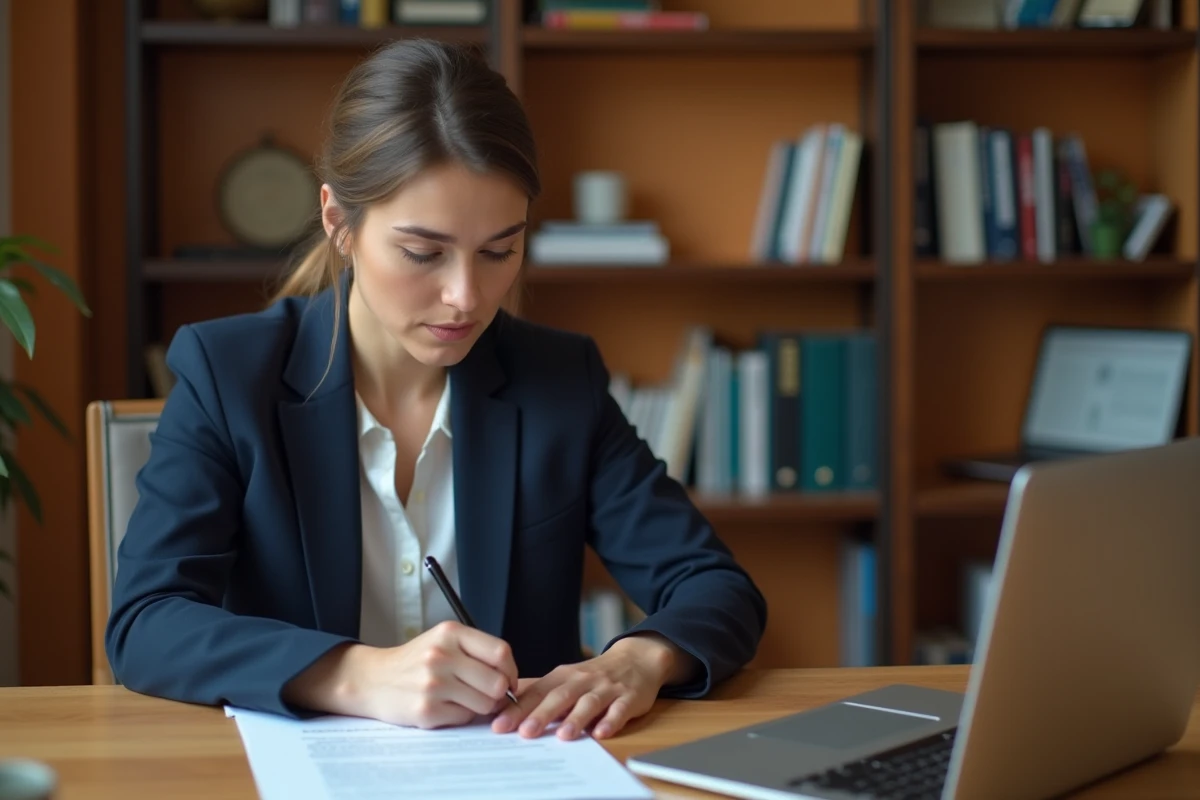 Femme rédigeant une lettre de motivation pour un poste en maison de retraite à son bureau à domicile