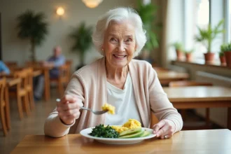 Personne âgée en maison de retraite mangeant un repas riche en potassium avec des bananes, épinards et avocat