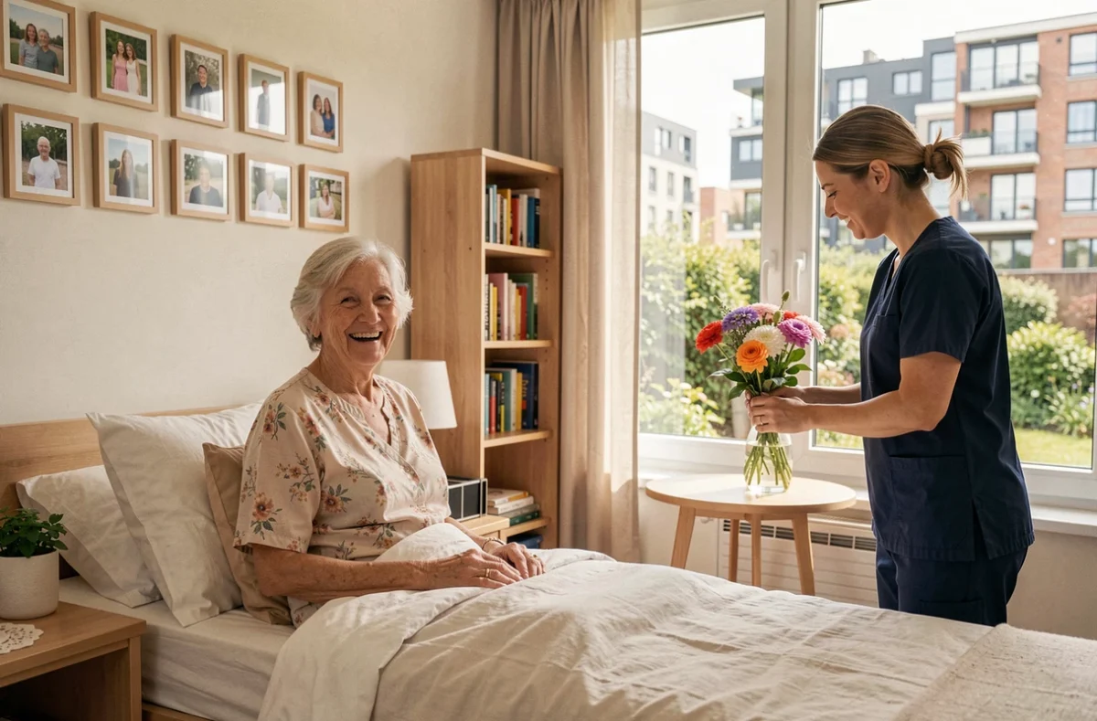 Résidente souriante dans sa chambre à la Résidence Manon à Brest avec un soignant attentionné