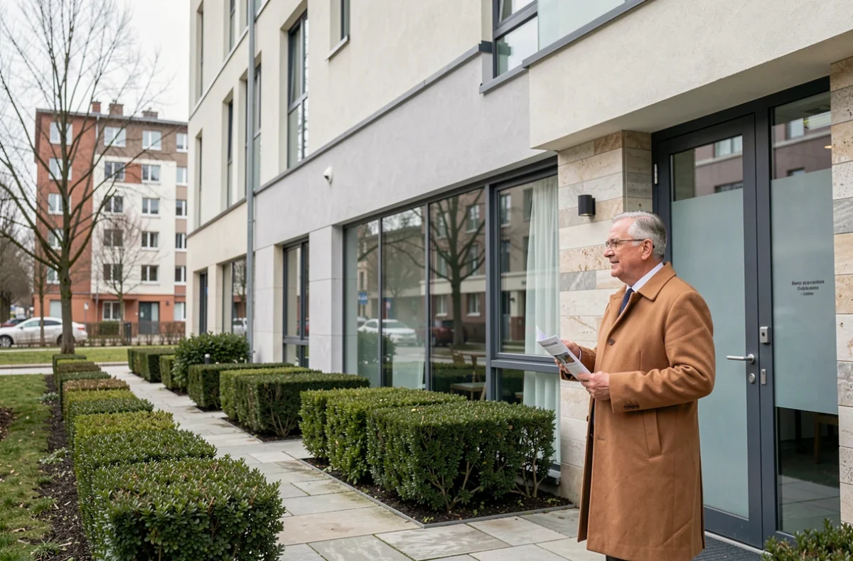 Homme retraité devant la façade moderne d'une résidence senior de type Domitys, illustrant la confiance des épargnants dans l'investissement immobilier géré