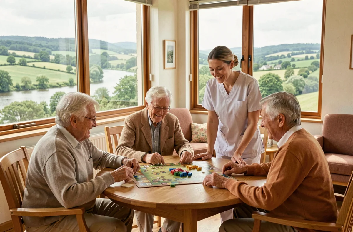 Résidents jouant à un jeu de société à la Résidence de la Vallée de l'Aulne à Châteaulin