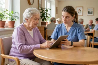 Résidente âgée d'un EHPAD utilisant une tablette numérique avec une aide-soignante, illustrant le partenariat Gestea-senior.fr pour améliorer le quotidien des seniors en établissement