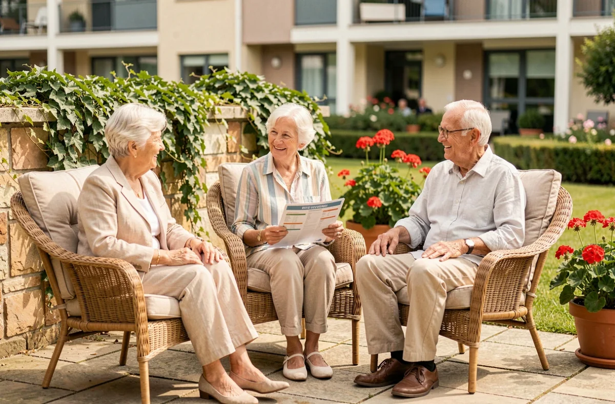 Groupe de résidents seniors profitant d'un moment convivial en terrasse d'EHPAD, illustrant la qualité de vie améliorée grâce aux services partenaires Gestea-senior.fr