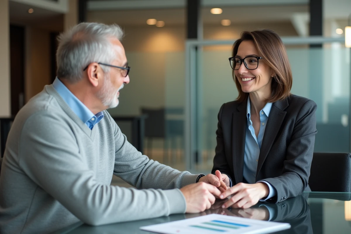 Homme retraité de 62 ans en réunion avec un conseiller financier dans une agence bancaire moderne, discutant des stratégies pour optimiser ses revenus avant la revalorisation retraite 2026