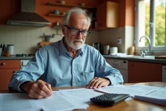 Retraité concentré qui examine ses documents fiscaux et sa déclaration d'impôts à la table de sa cuisine en France
