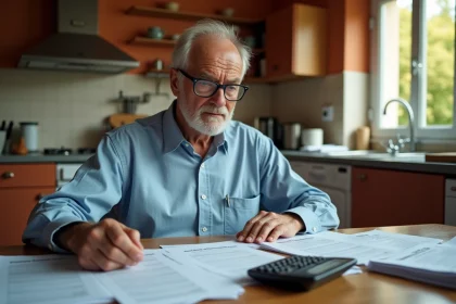 Retraité concentré qui examine ses documents fiscaux et sa déclaration d'impôts à la table de sa cuisine en France
