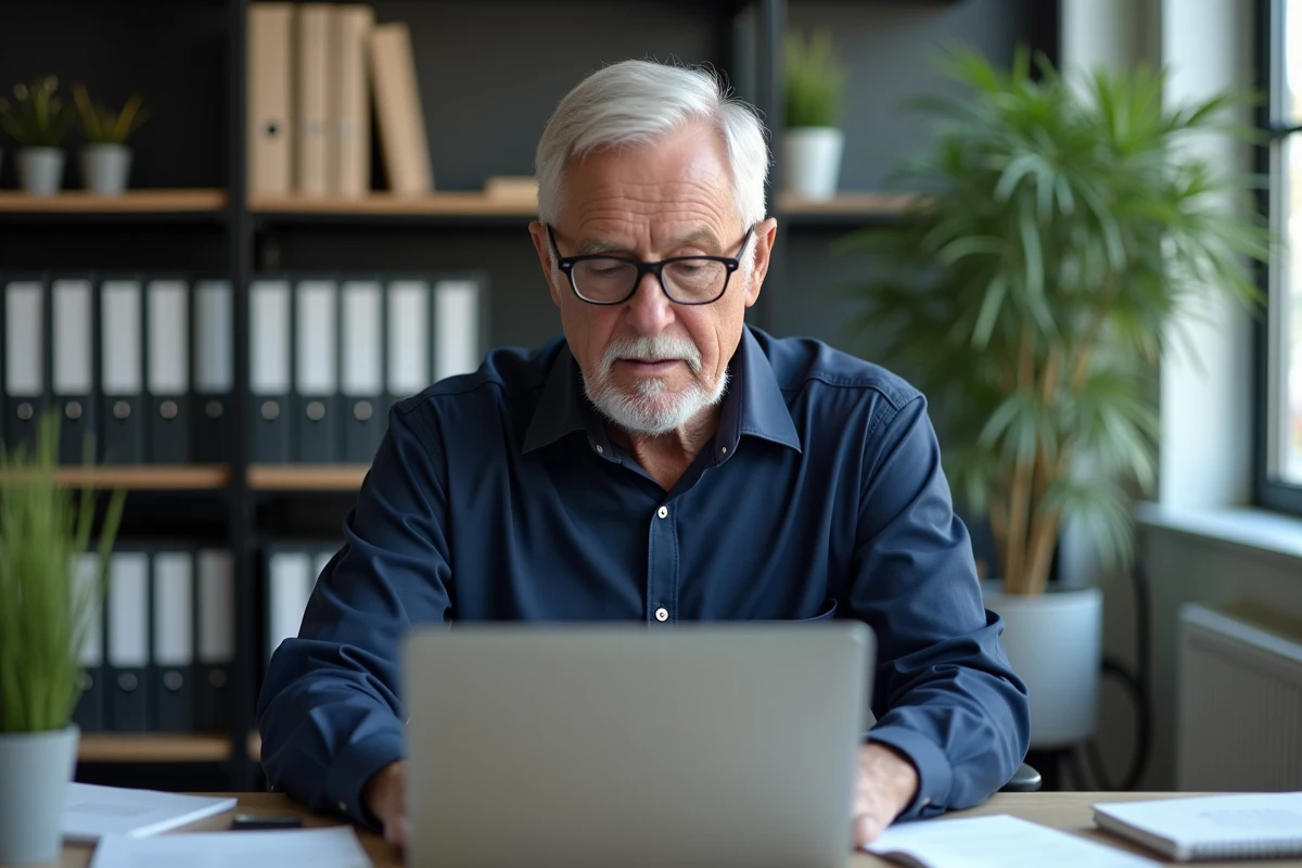 Retraité consultant son relevé de points Agirc-Arrco sur un ordinateur portable à domicile