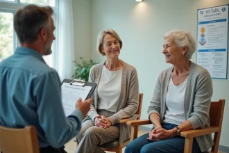 Femme senior en séance d'équilibre avec thérapeute