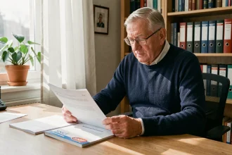 Retraité SNCF consultant ses documents de services et avantages à son bureau à domicile