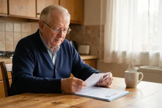 Retraité SNCF consultant ses documents de pension à la maison