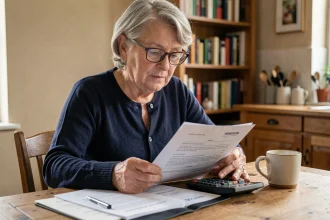 Retraitée consultant ses documents Agirc-Arrco à la table de sa cuisine en 2026