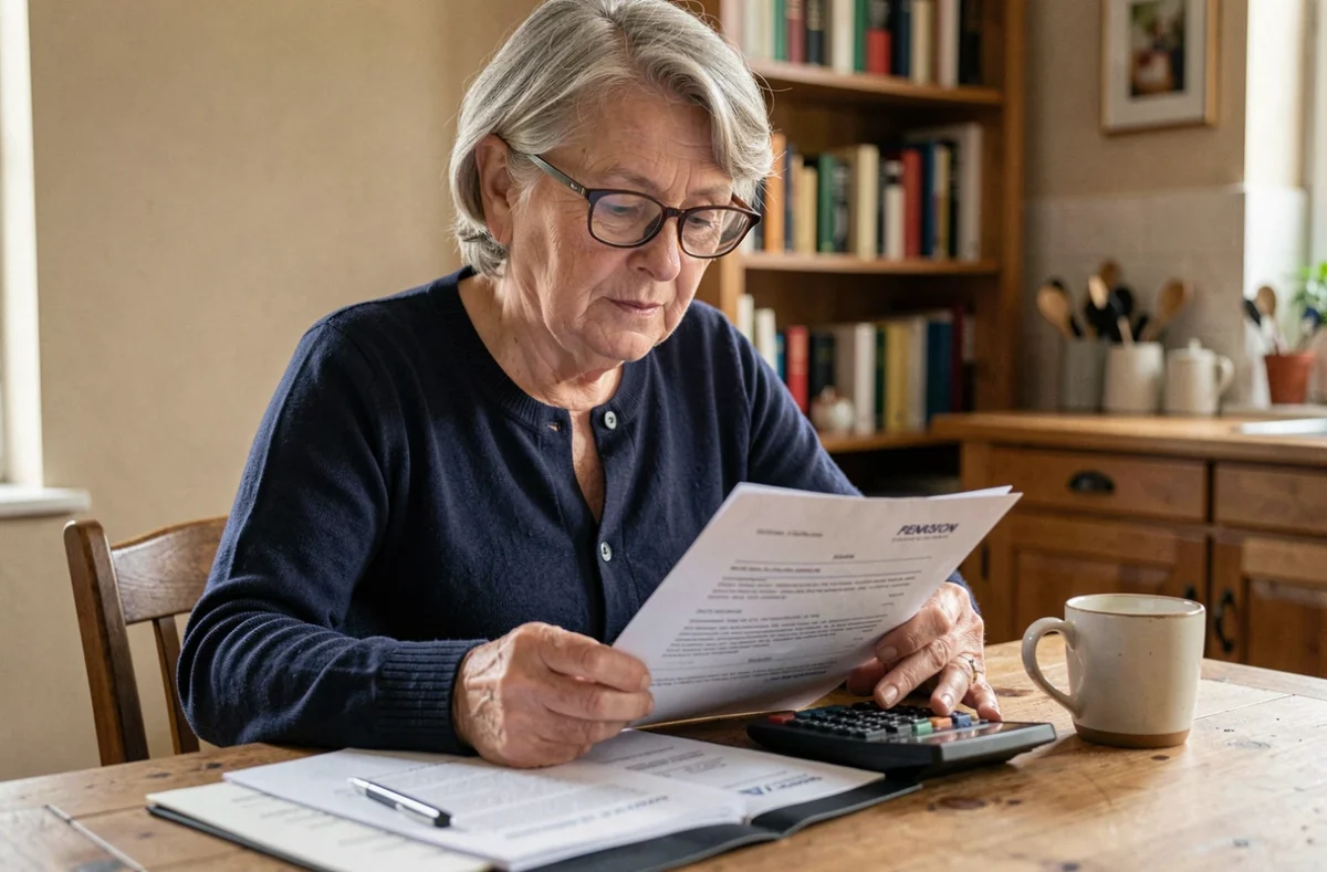 Retraitée consultant ses documents Agirc-Arrco à la table de sa cuisine en 2026