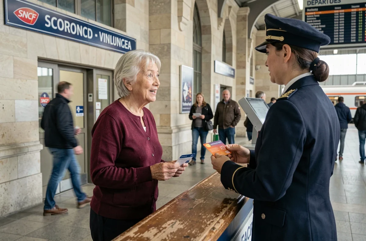 Retraitée SNCF présentant sa carte senior au guichet d'une gare française