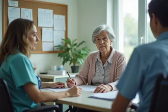 Seniore femme en fauteuil lors d'une reunion d'equipe hospitaliere