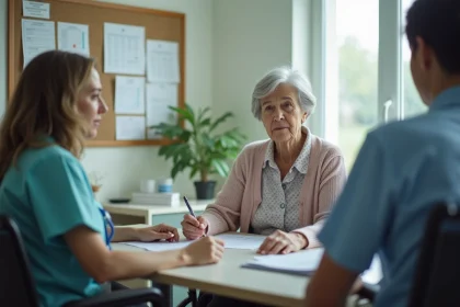 Seniore femme en fauteuil lors d'une reunion d'equipe hospitaliere