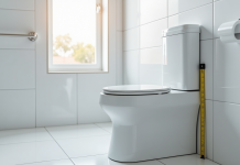 Salle de bain moderne accessible avec WC surélevé et lumière naturelle
