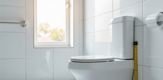 Salle de bain moderne accessible avec WC surélevé et lumière naturelle