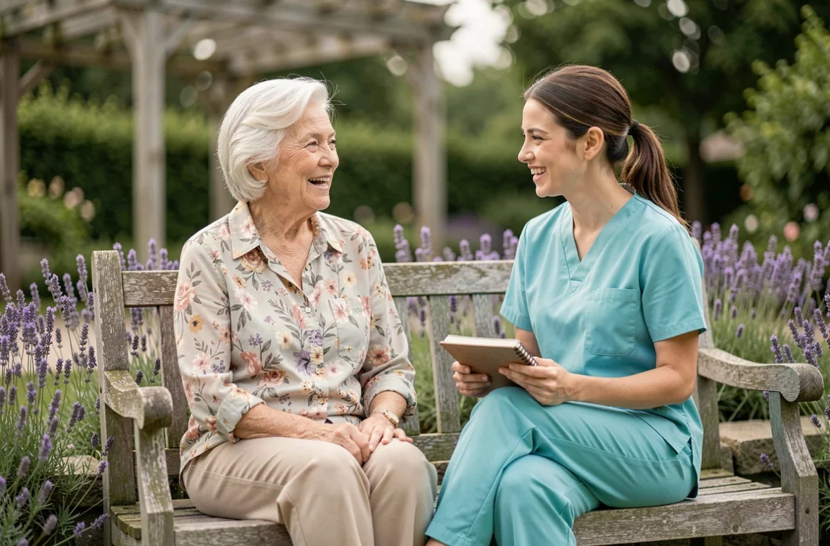 Maintien à domicile pour seniors : une personne âgée et son aide à domicile profitent du jardin