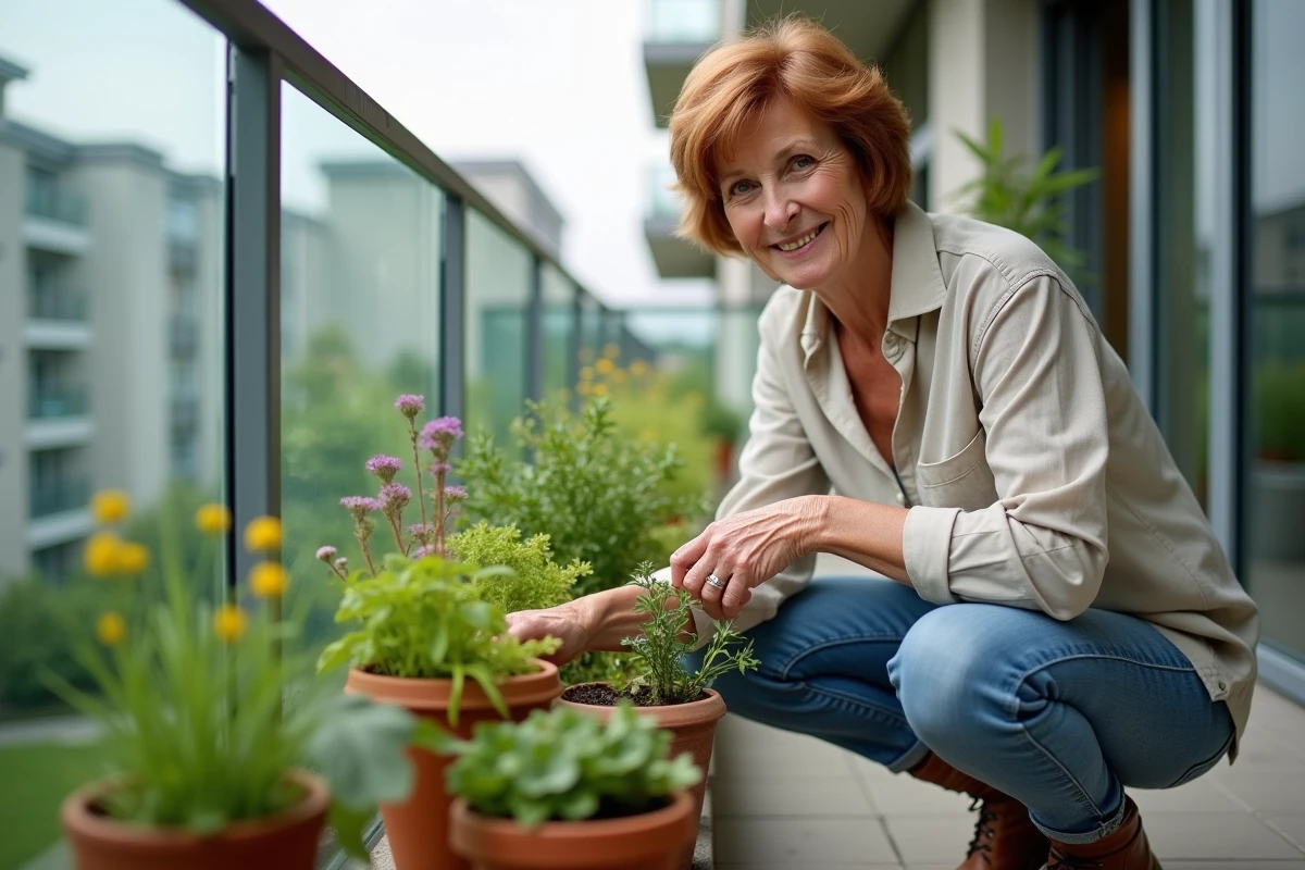 Femme senior autonome entretenant son jardin sur le balcon de son appartement dans une résidence seniorizon