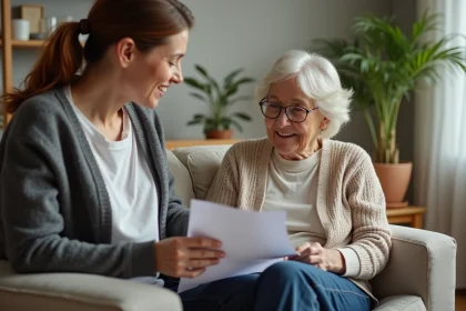 Femme senior souriante aidée par une aidante dans un salon chaleureux