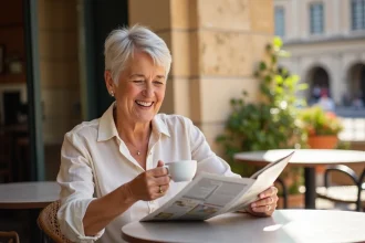 Femme senior souriante en terrasse de café à Nîmes avec l'arène romaine en arrière-plan, illustrant une retraite active dans le Gard