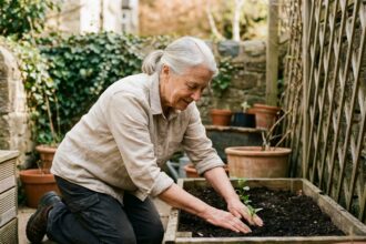 Femme âgée pratiquant la rééducation douce en jardinage, agenouillée près d'un bac de culture surélevé dans un jardin résidentiel paisible
