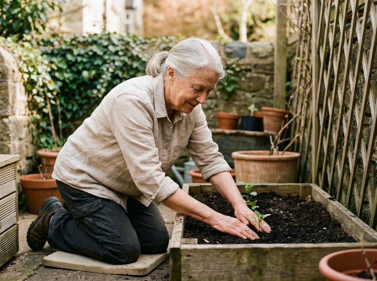 Femme âgée pratiquant la rééducation douce en jardinage, agenouillée près d'un bac de culture surélevé dans un jardin résidentiel paisible