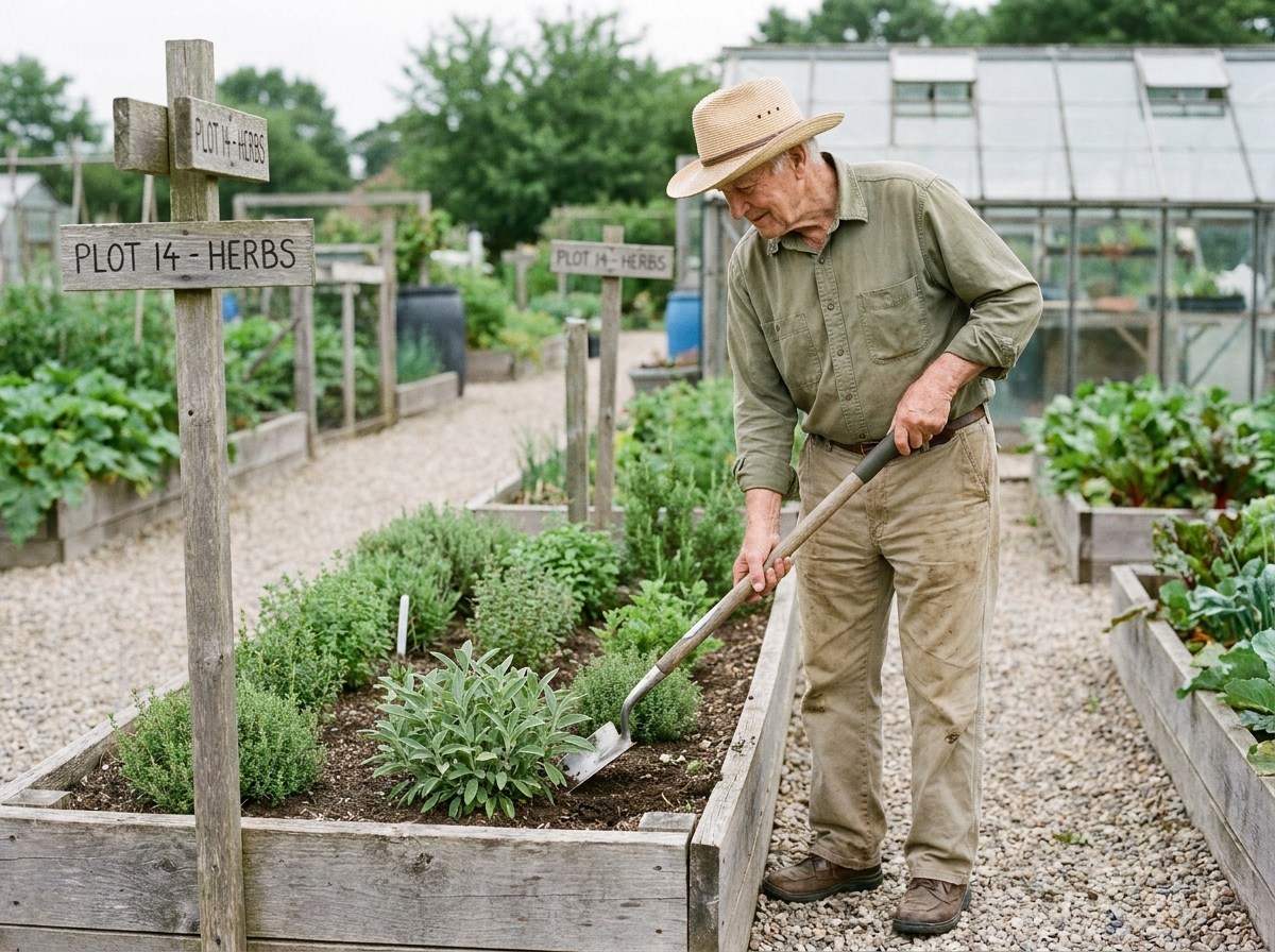 Homme âgé utilisant des outils ergonomiques pour jardiner dans un potager communautaire dans le cadre d'une rééducation physique en plein air
