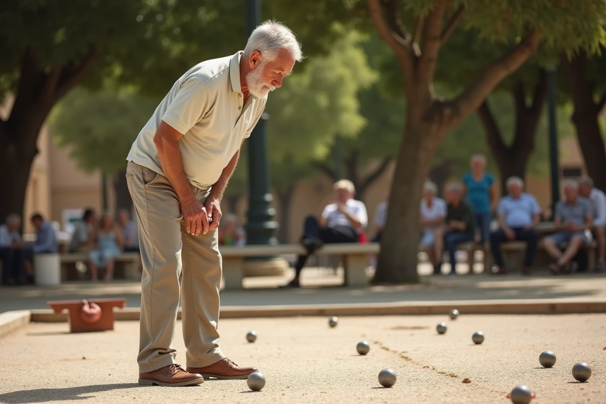 Homme retraité jouant à la pétanque dans un square de Nîmes entouré d'autres seniors, symbole de vie sociale active à la retraite