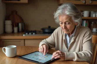 Senior malvoyante utilisant un calendrier électronique à grand écran tactile dans sa cuisine