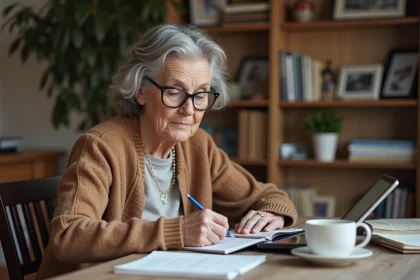 Femme senior réfléchissant à ses finances dans un appartement français