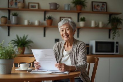 Femme âgée souriante tenant une lettre dans la cuisine chaleureuse