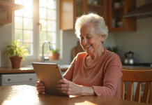 Senioreuse souriante utilisant une tablette à la cuisine